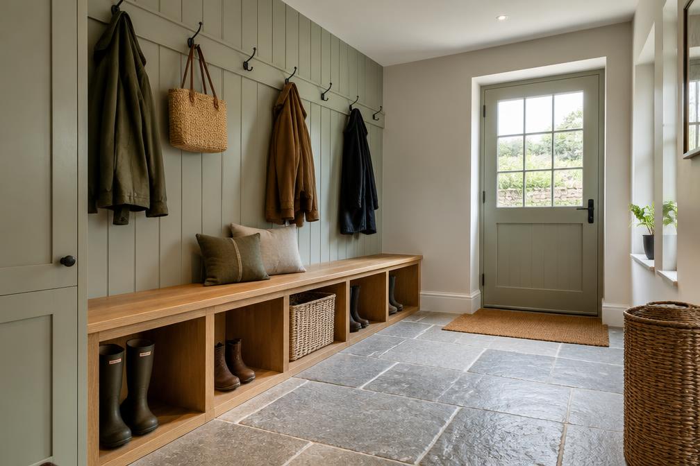 Refurbished boot room with oak bench and stone floor in Chingford