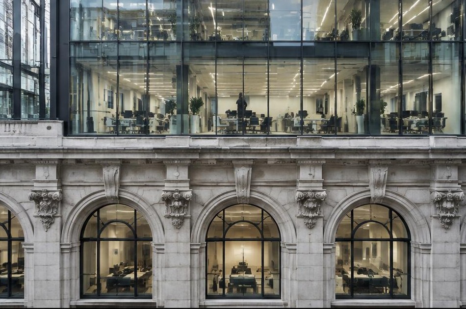 Retained Victorian stone office facade beneath a glazed contemporary office fit-out