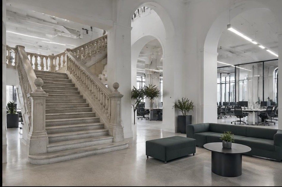 Refurbished period office with retained stone staircase and modern breakout seating
