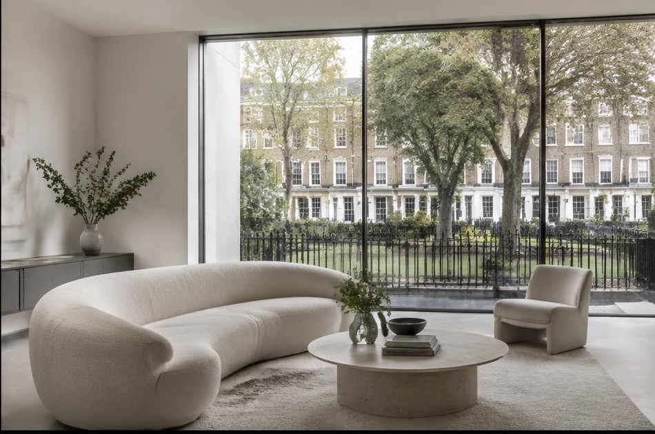 Minimalist living space with local residential garden views in Clapton