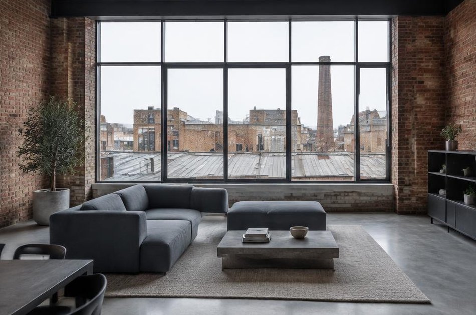 Minimalist living space with broad glazing onto local streets in Clerkenwell