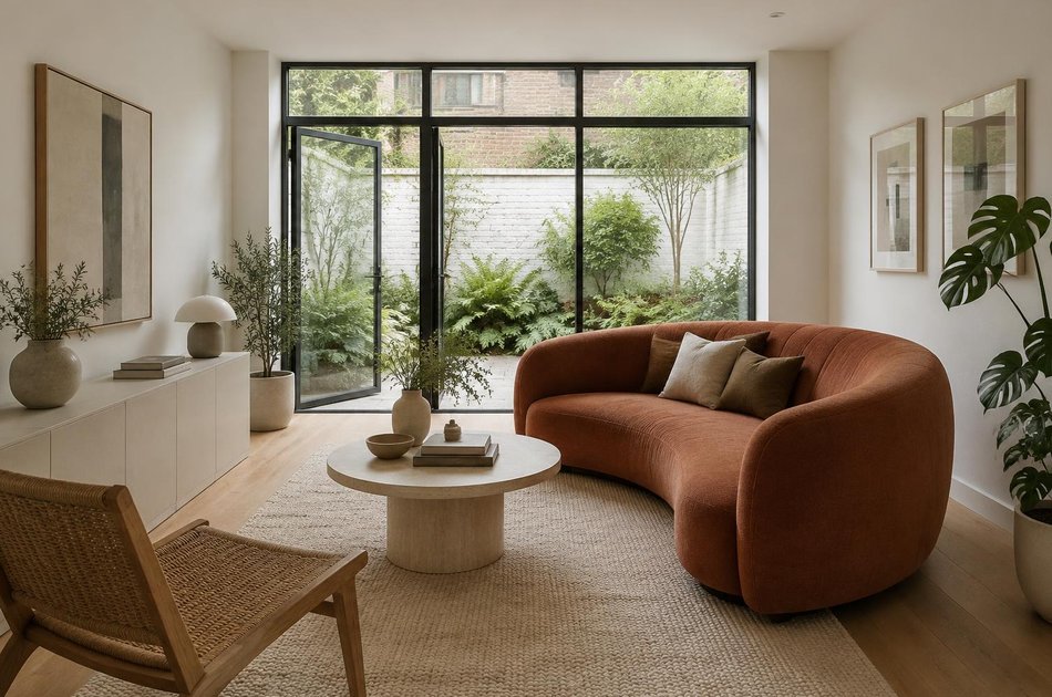 Living room with a curved sofa and glazing onto a courtyard garden in Colliers Wood