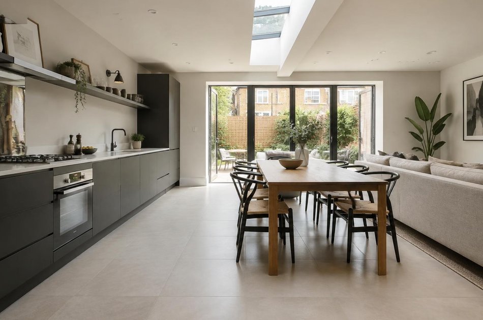 Refurbished terrace kitchen-diner with a linear kitchen and rooflight in Colliers Wood