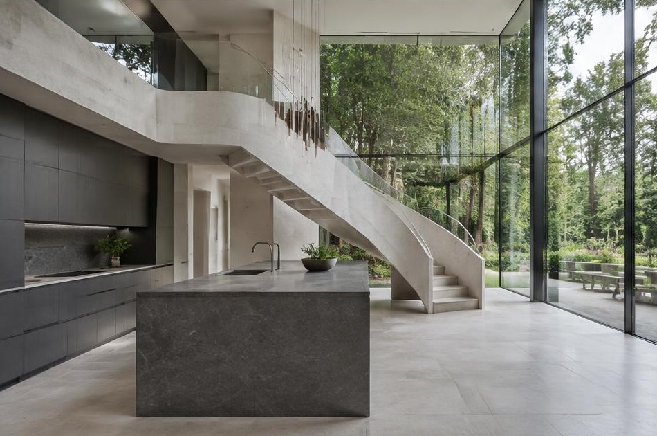 Completed contemporary kitchen with open staircase and garden glazing in Coombe