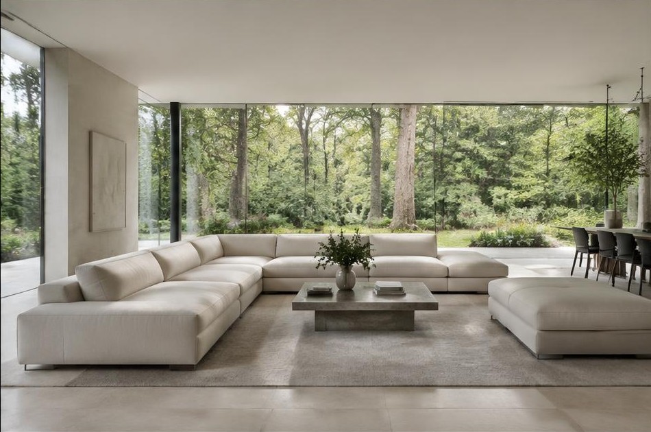 Contemporary refurbished living room with local garden views in Coombe