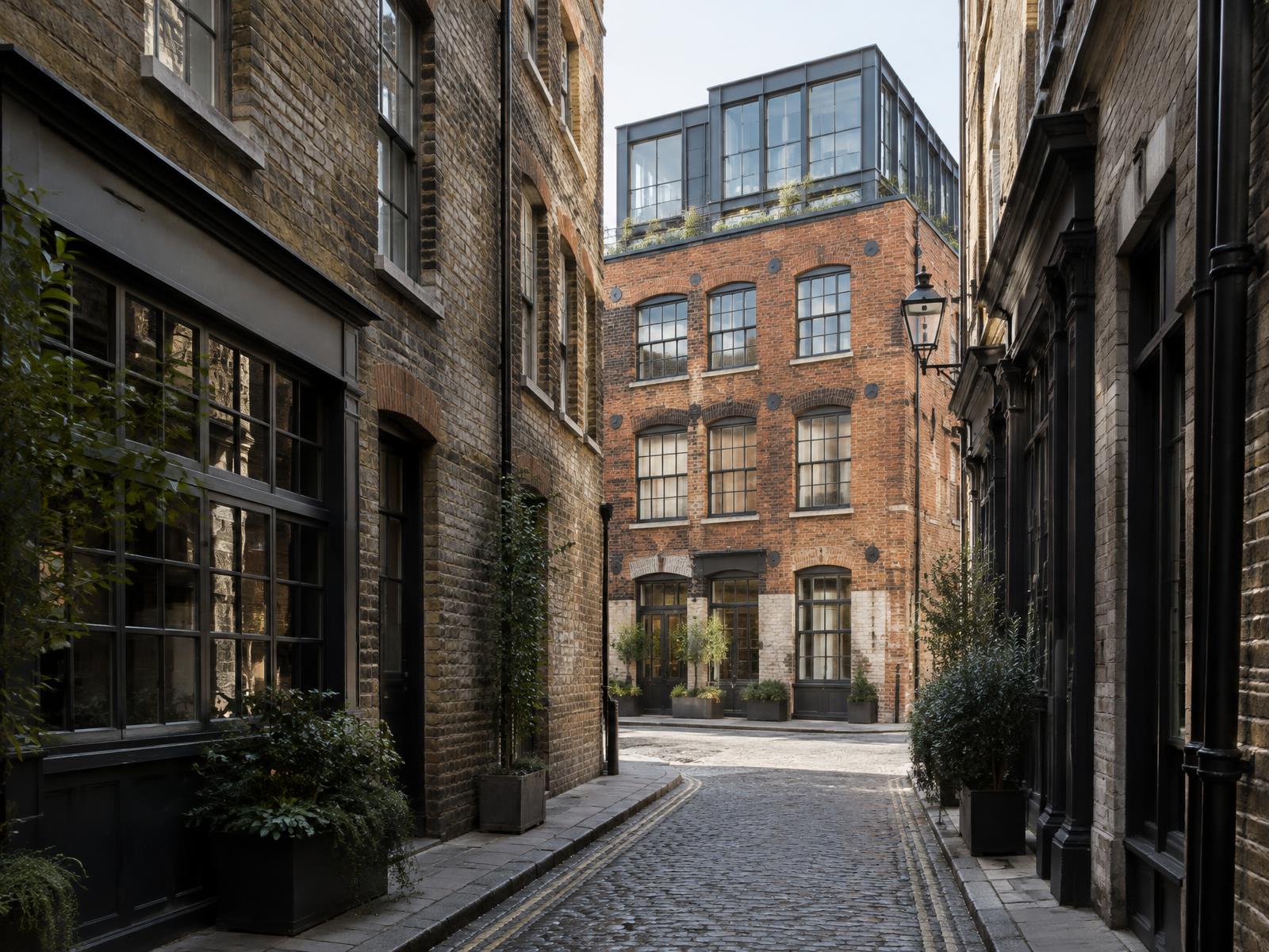 Narrow Covent Garden alleyway leading to a converted Victorian warehouse with a contemporary glass rooftop addition