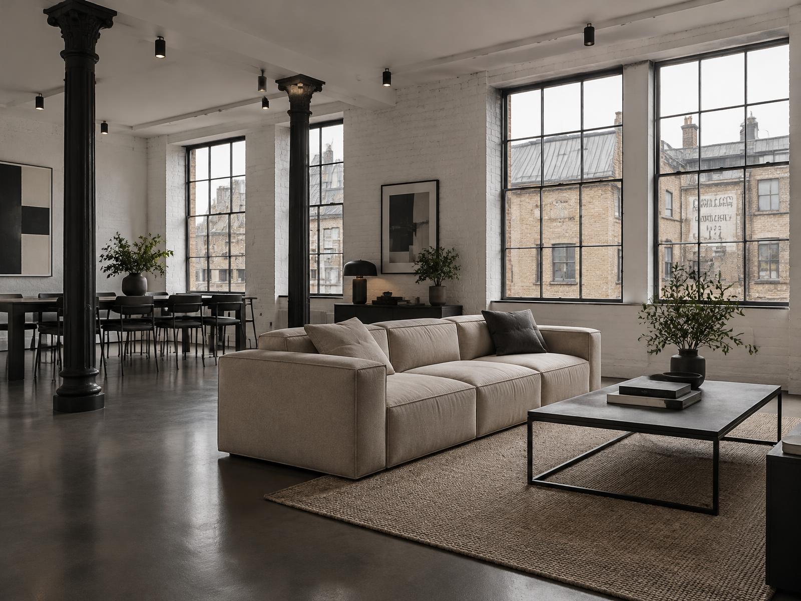 Minimalist converted warehouse loft with cast-iron columns and a square-edged sand sofa