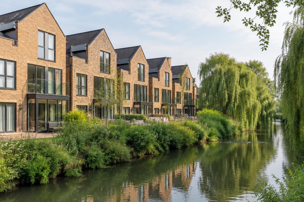 Contemporary riverside townhouses in pale brick with timber balconies
