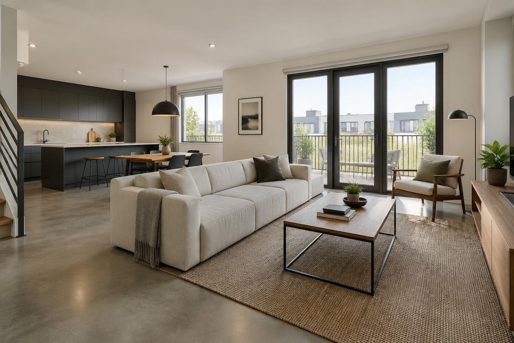 Apartment living space with rounded sofa, large windows and soft daylight