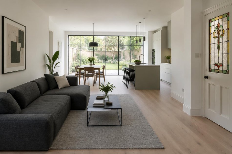 Refurbished interior with a linear sofa and retained stained-glass door in Crouch End
