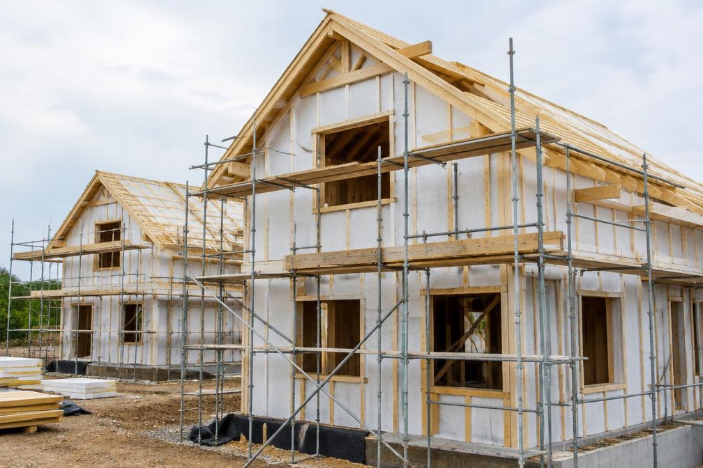 Timber-frame homes under construction with insulated panels and scaffolding