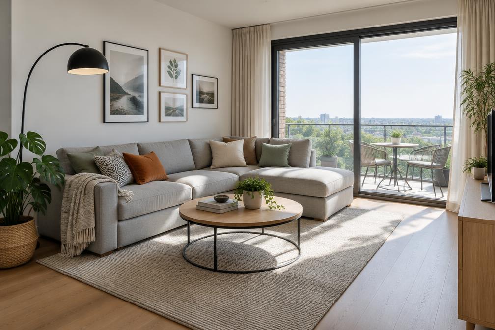 Bright apartment living room with modular corner sofa and balcony doors