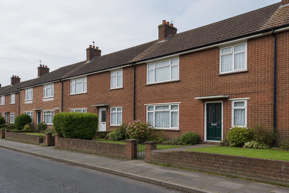 Post-war brick terraced houses with simple facades and front lawns