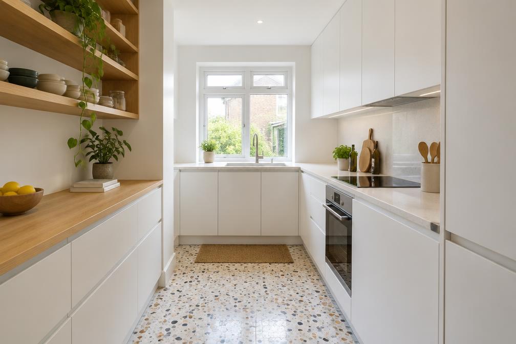Refurbished compact kitchen with white units, oak shelving and terrazzo floor