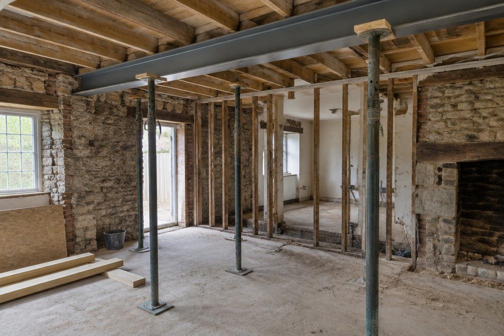 Scaffold and steel beam installation inside a cottage refurbishment