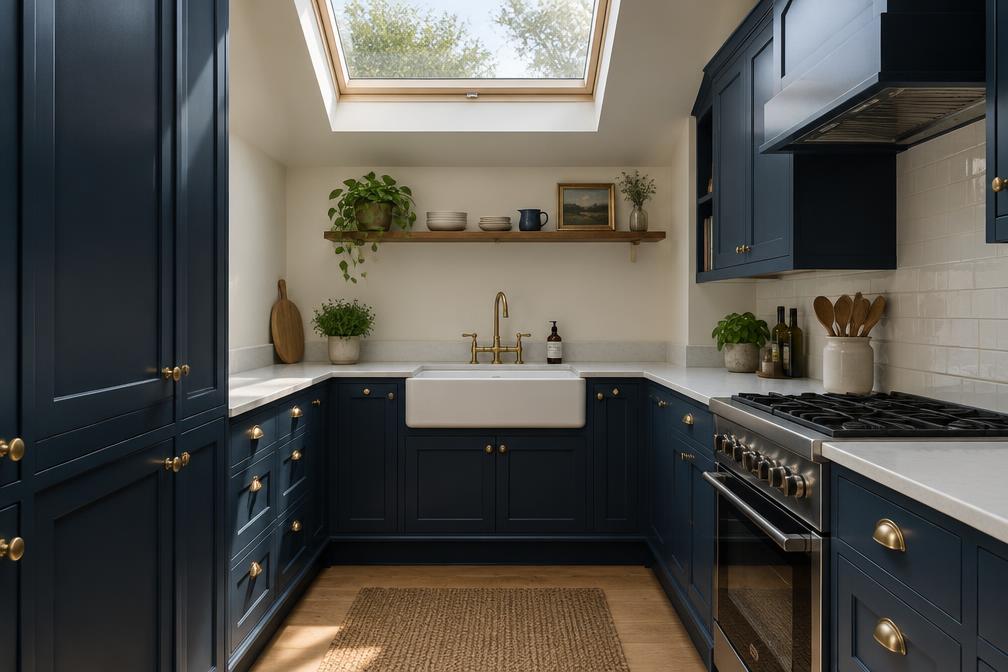 Compact kitchen with blue cabinetry, brass taps and rooflight