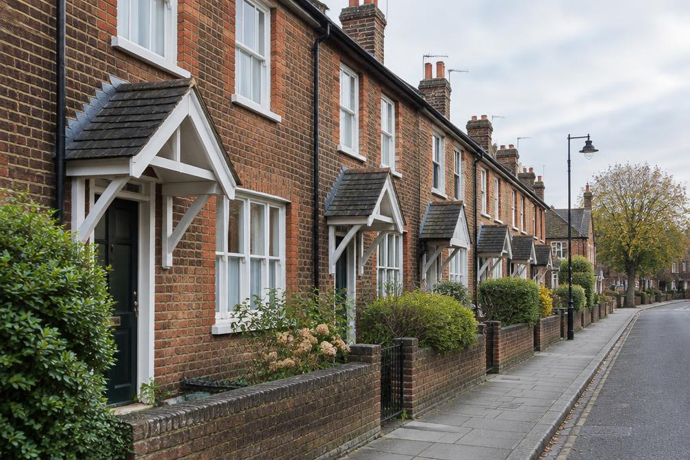 Row of 1930s cottages with simple porches near a local high street