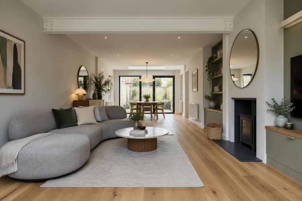 Refurbished through-lounge with steel beam painted white and oak floor