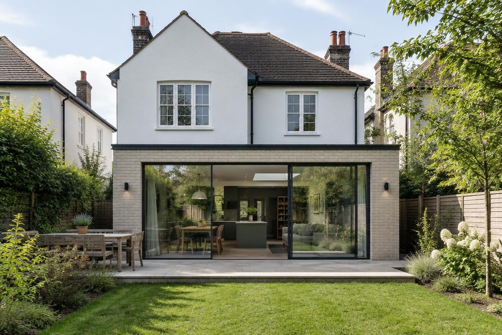 Rendered inter-war cottage with a crisp flat-roofed rear extension in light brick