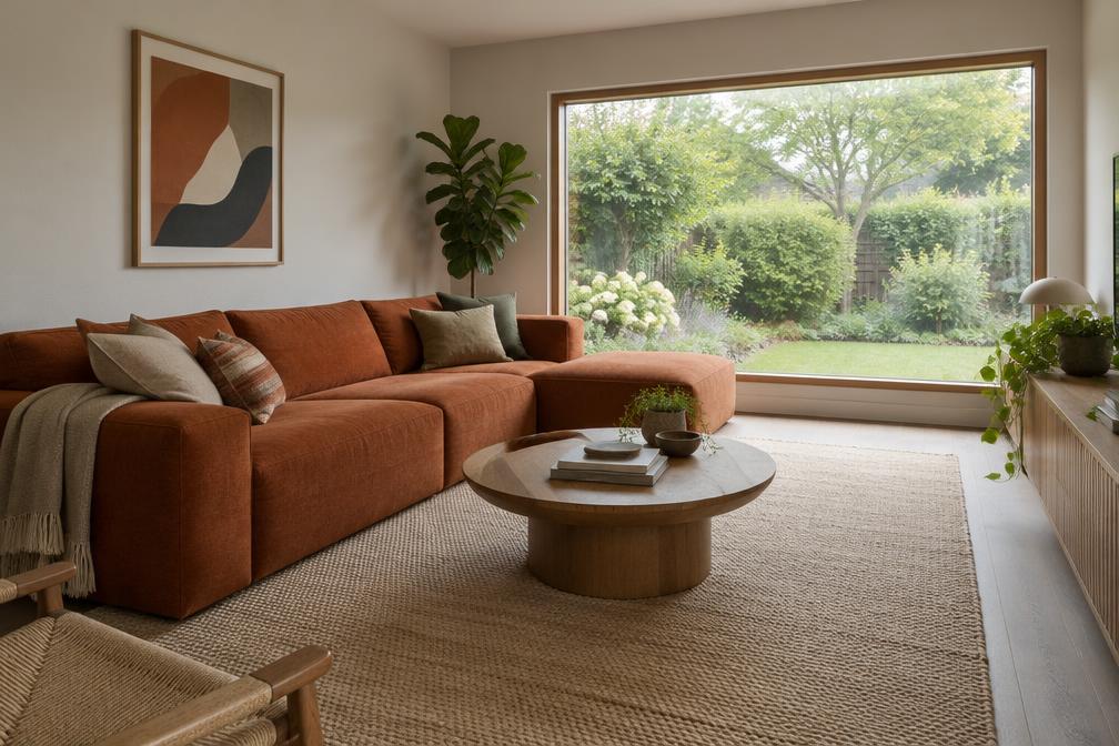 Compact family room with low linear sofa and large garden-facing window