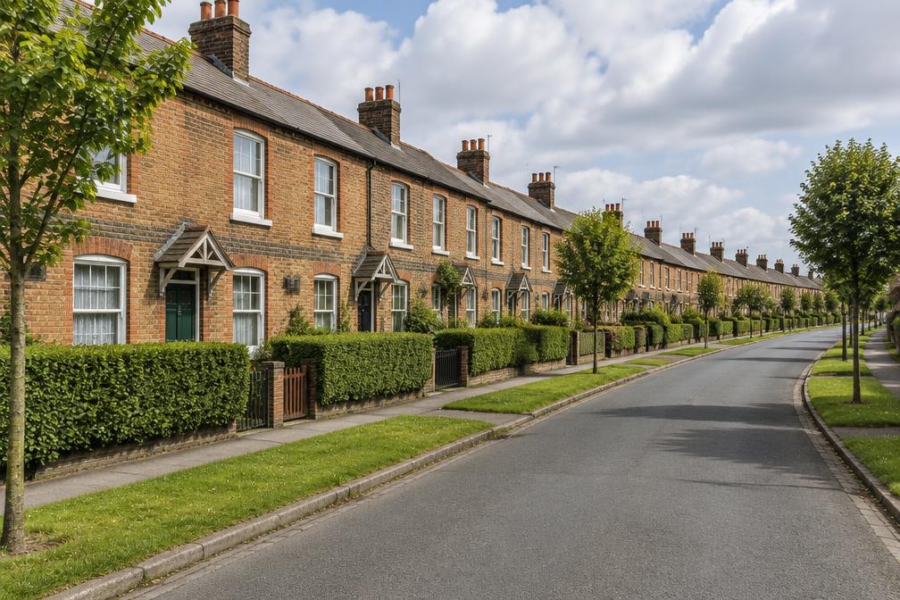 Long curved street of 1920s cottage terraces with front hedges