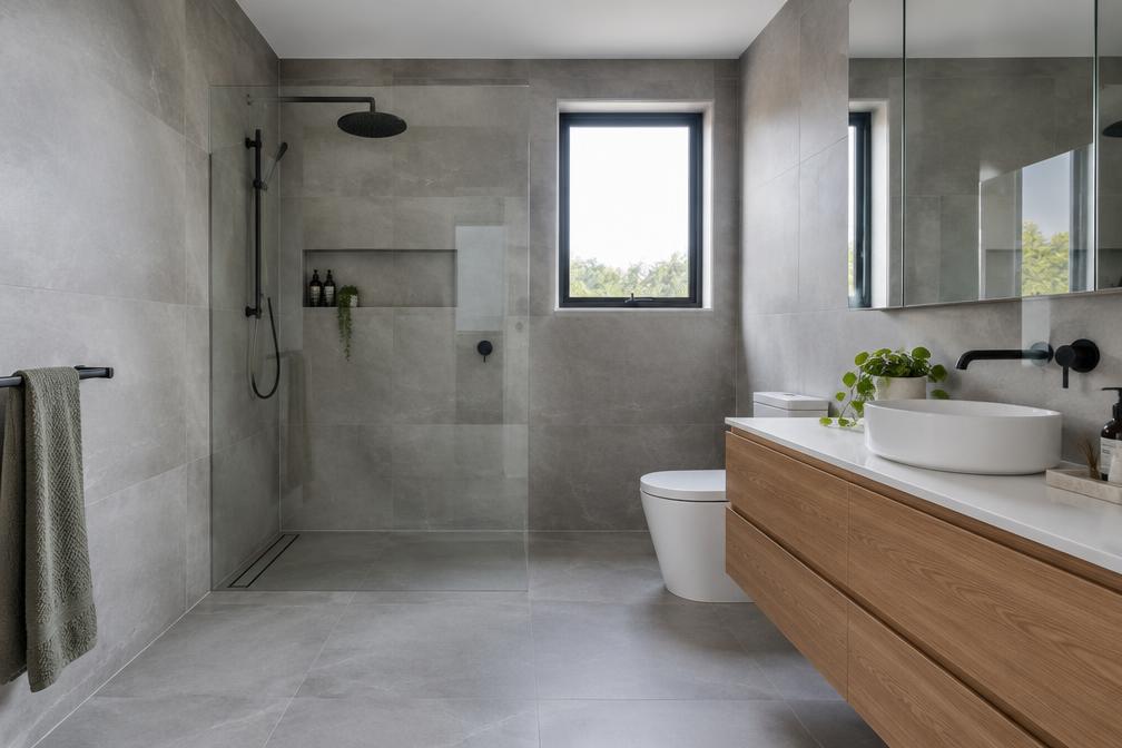 Refurbished bathroom with large-format porcelain tiles and walk-in shower
