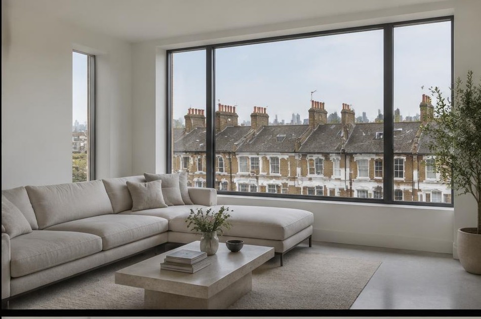 Minimalist living space with local residential garden views in Dalston