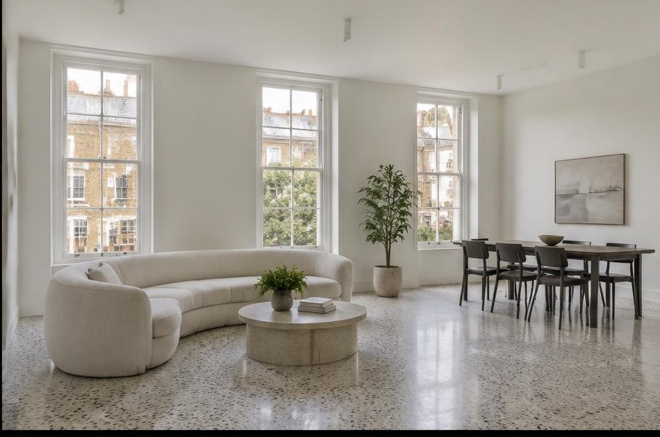 Contemporary refurbished living room with local garden views in Dalston