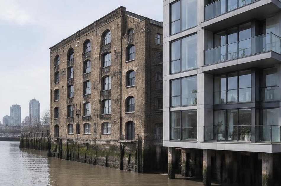 Historic riverside warehouse beside a new glass residential building in Deptford