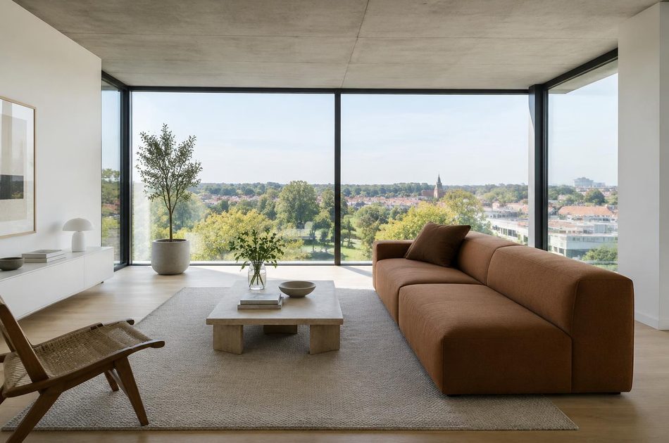 Upper-floor living room overlooking parkland and rooftops in Ealing Broadway
