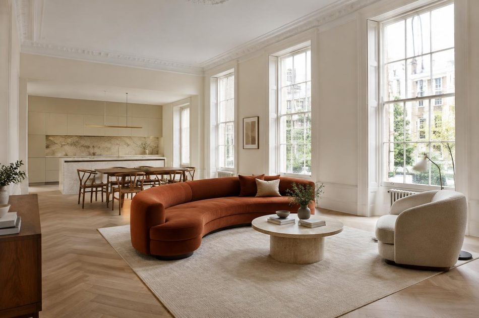 Refurbished mansion-block flat with a curved sofa in Ealing Broadway