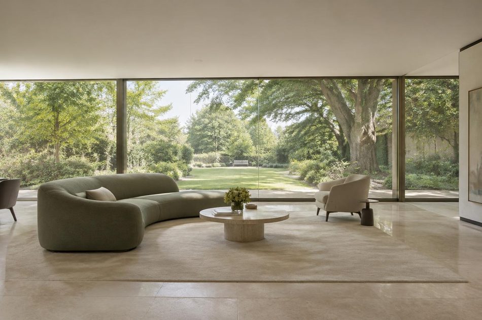 Living room with full-width glazing onto a mature garden in Ealing