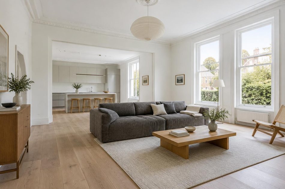 Refurbished Edwardian reception room opening to a kitchen in Ealing