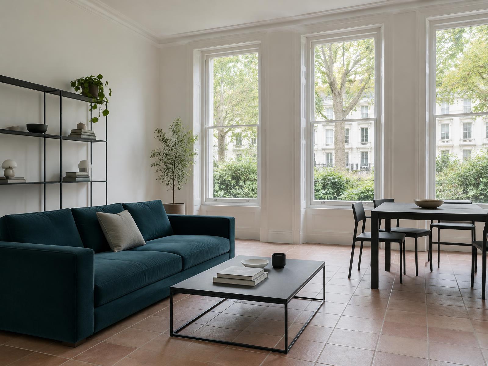 Minimalist flat with a square-edged teal sofa and windows onto a garden square