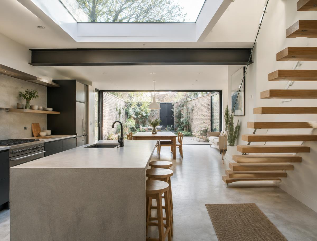 Contemporary kitchen with an open staircase and glazing onto a residential garden in East Dulwich