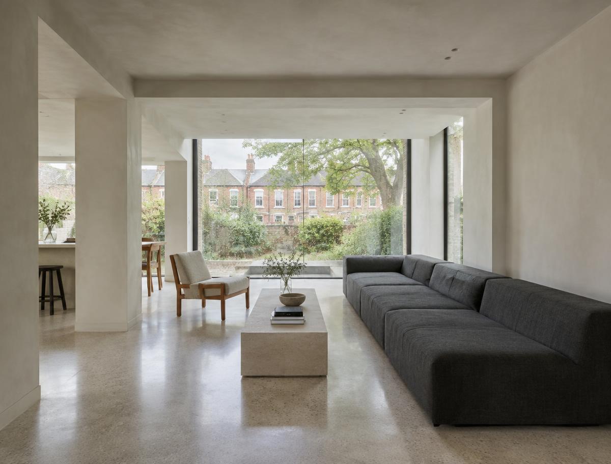 Minimalist contemporary room with straight fabric seating and views onto red-brick Victorian homes in East Dulwich