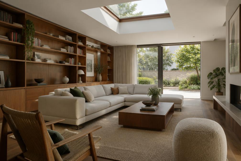 Family living space with long linear sofa, walnut shelving and rooflight above