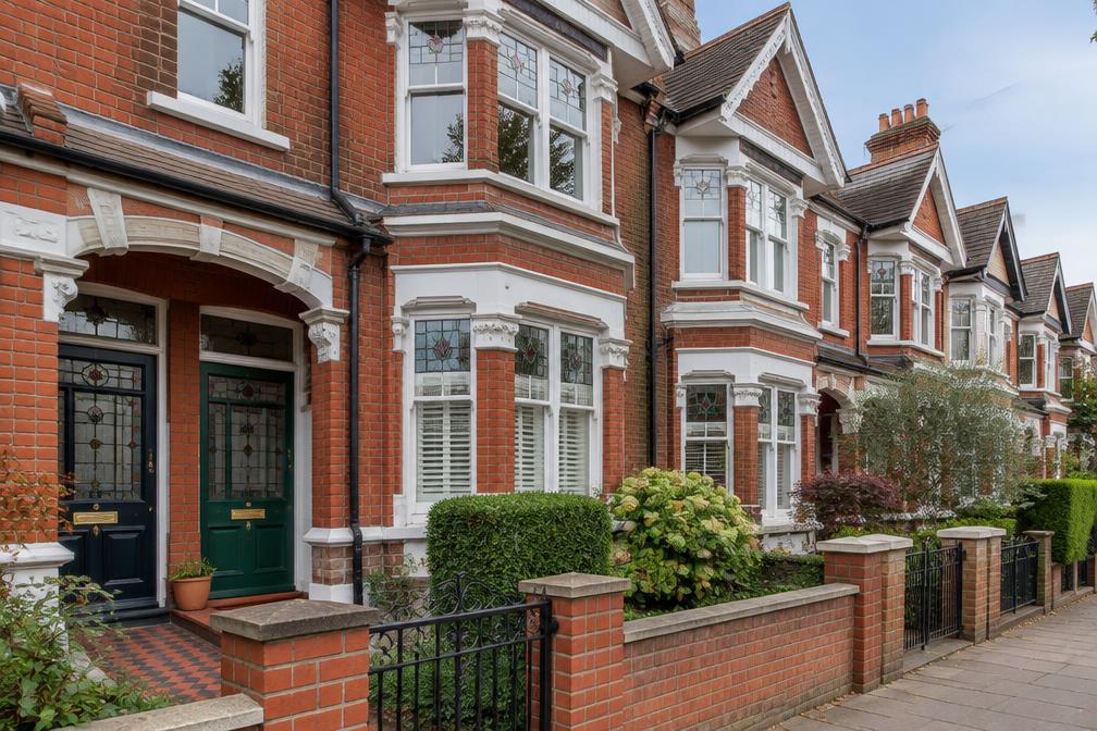 Edwardian terraced street with gabled bays and stained-glass front doors