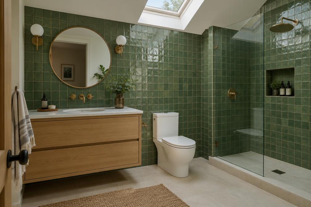 Refurbished bathroom with green zellige tiles, oak vanity and skylight