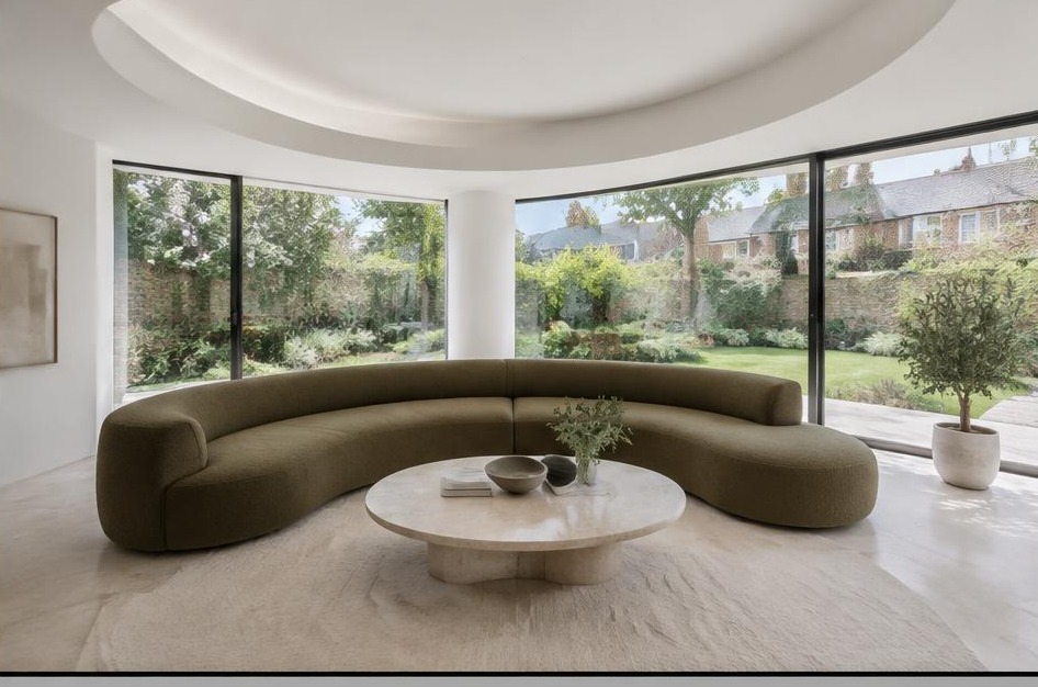 Contemporary refurbished living room with local residential garden views in East Sheen