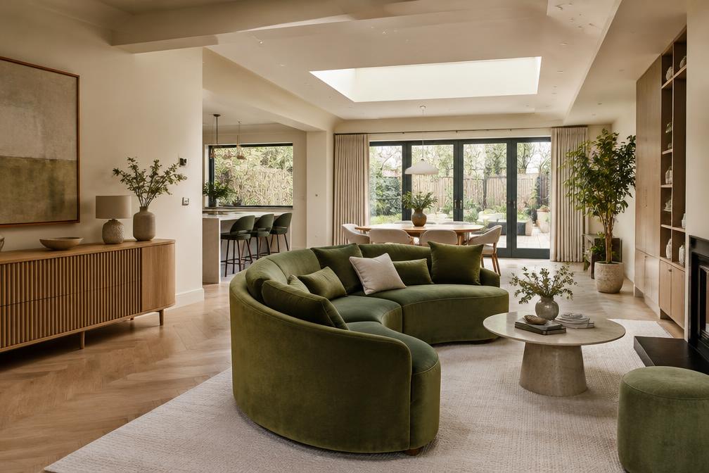 Family living space with a curved velvet sofa in Eastcote