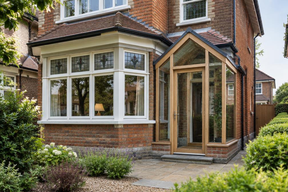 1930s bay window beside a new oak-framed glass porch in Eastcote