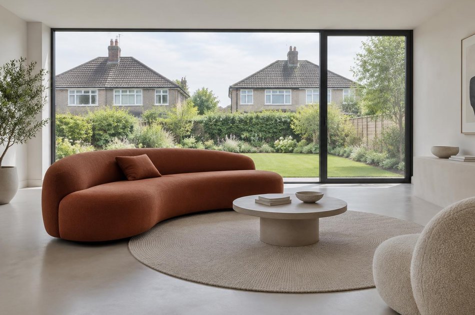 Contemporary living space opening onto a garden in Edgware