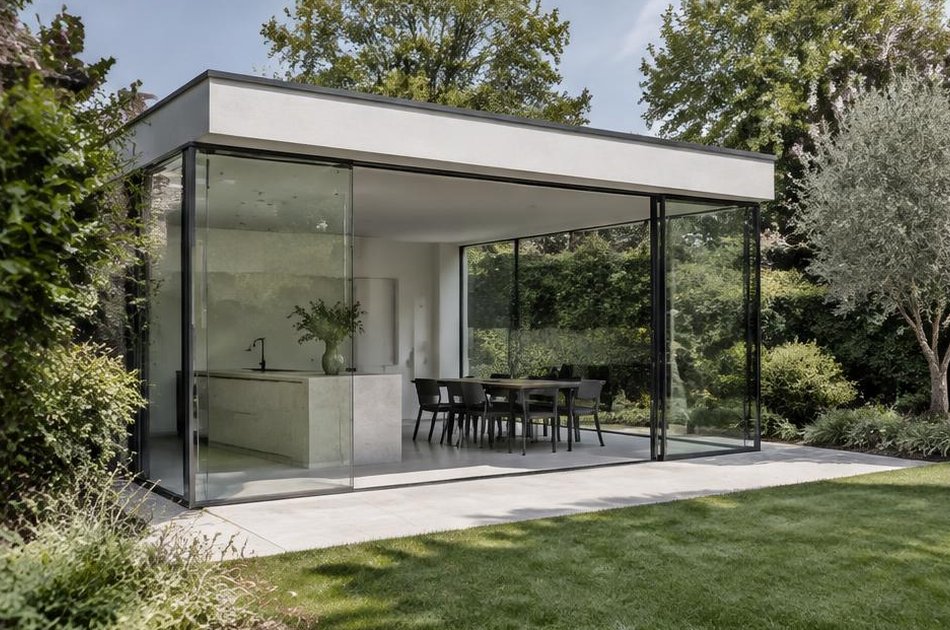 Glass kitchen extension onto a lawn in Eltham