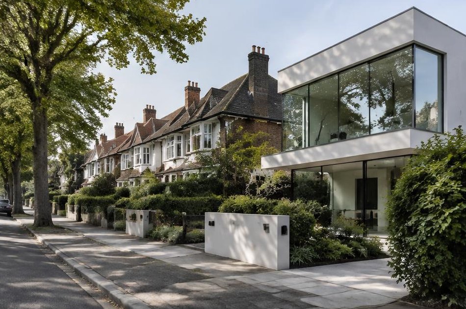 Garden-suburb street with a contemporary glass and white house in Eltham