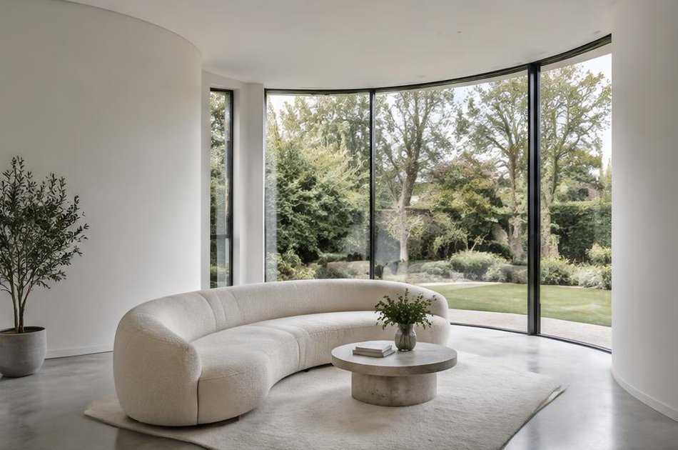 Living room with curved glazing onto a garden in Eltham