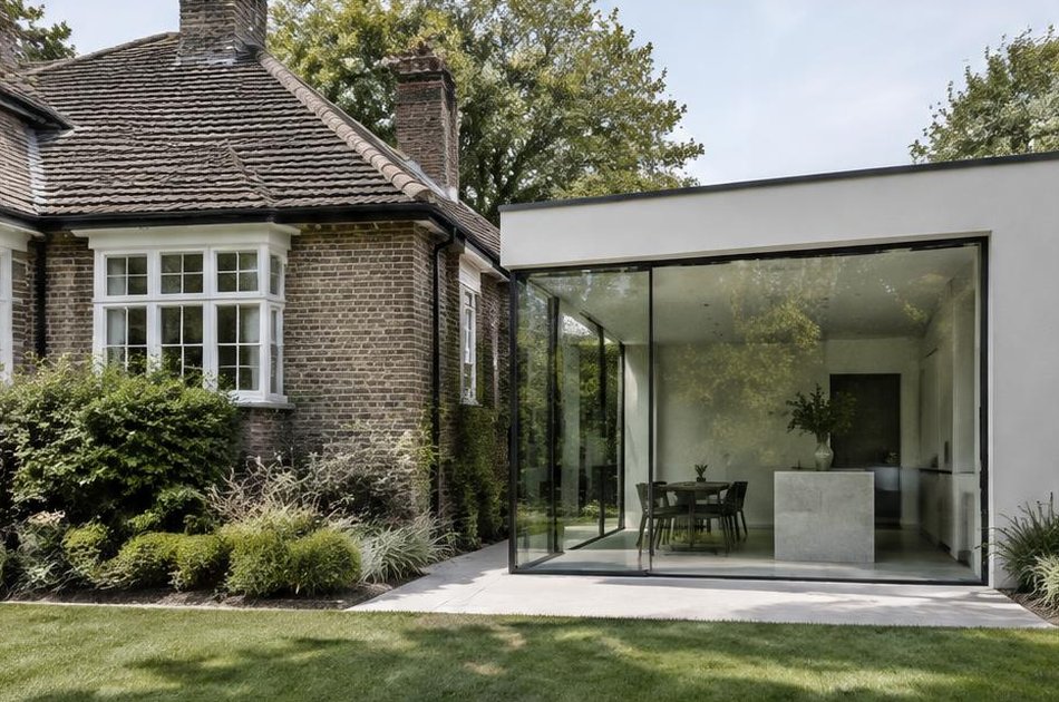 Garden-suburb cottage beside a flat-roofed glass extension in Eltham