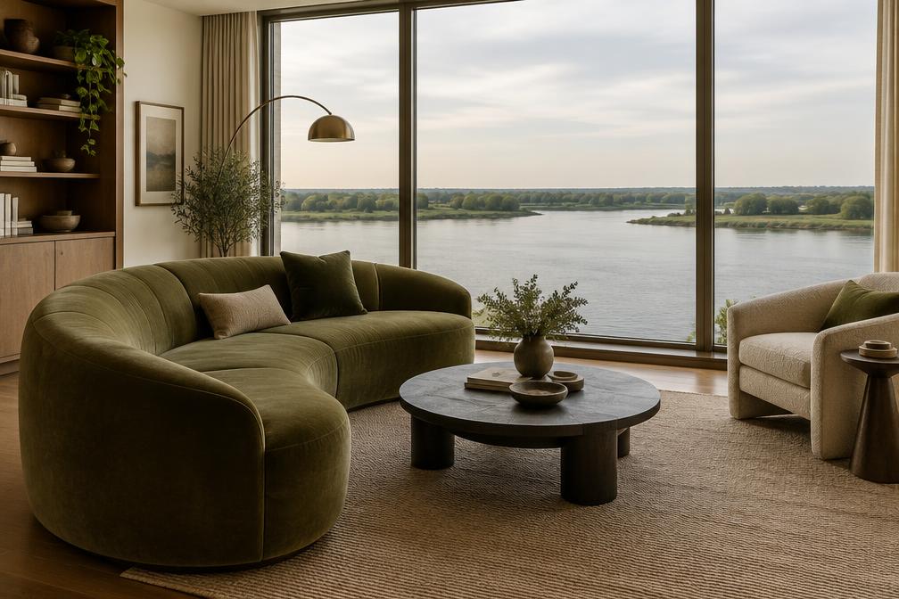 Riverside living room with a curved olive velvet sofa facing a wide calm river