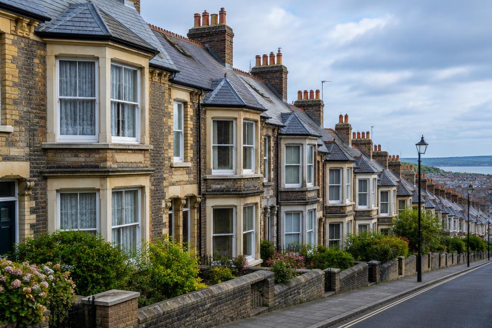 Victorian terraced street with simple brick fronts and slate roofs