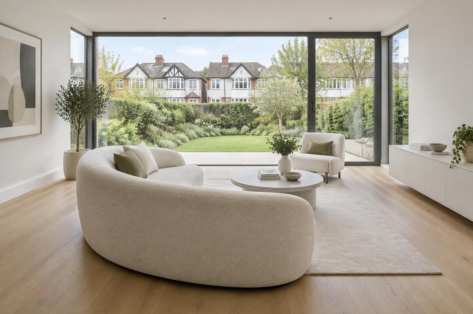 Contemporary living space opening onto a garden in Finchley